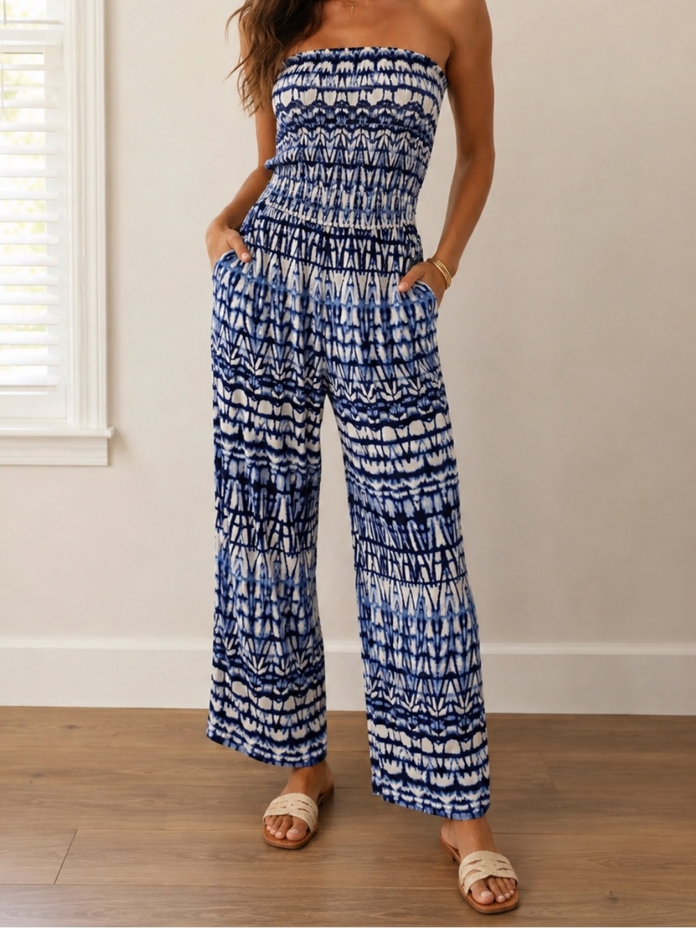 MLLE GABRIELLE Ikat Wide Leg Jumpsuit Strapless 2X